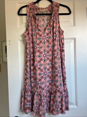 LOFT Pink Printed Sleeveless Ruffle-Neck Sundress
